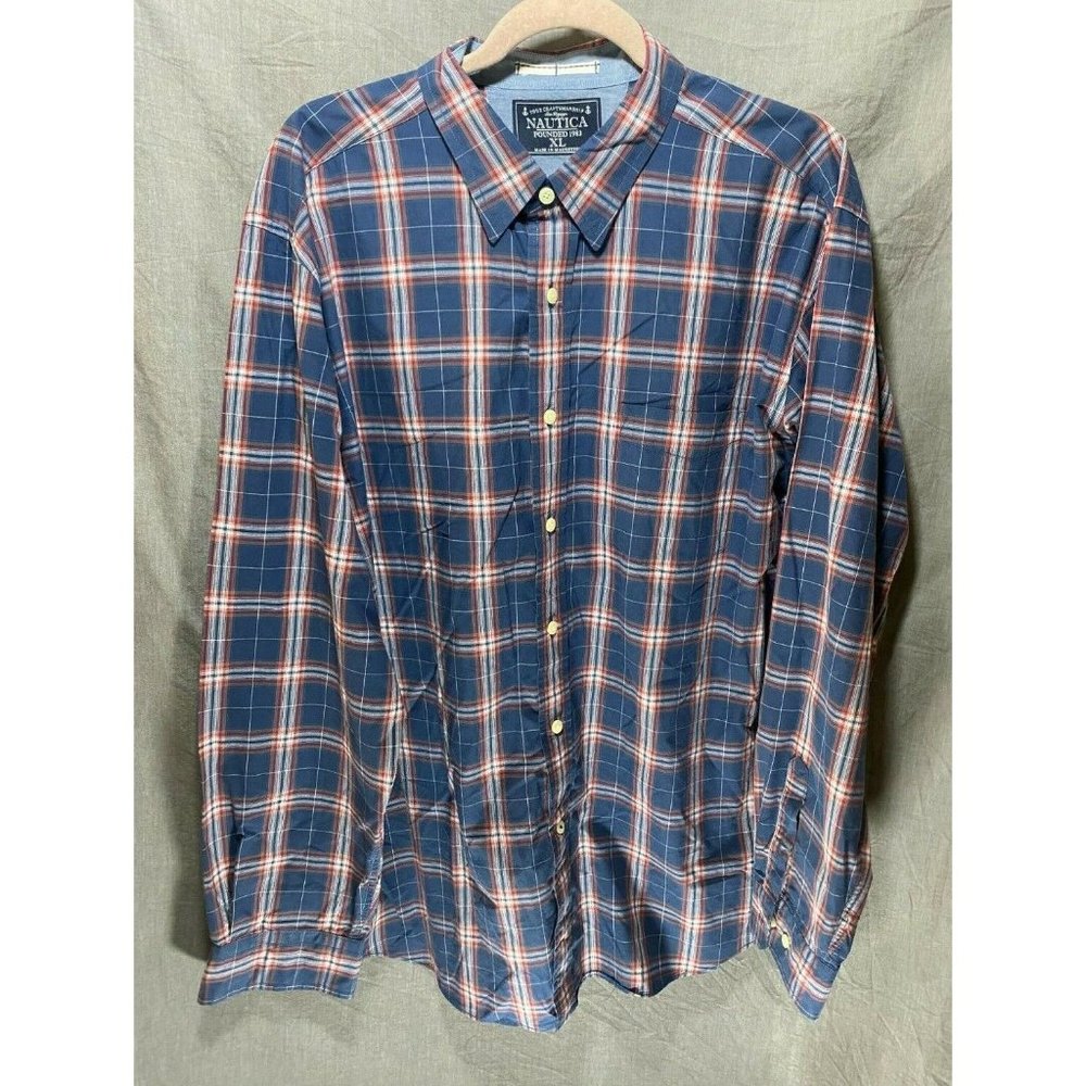 Nautica Button Up Shirt Adult XL Red White Blue Plaid Sailboat Logo Casual Mens.